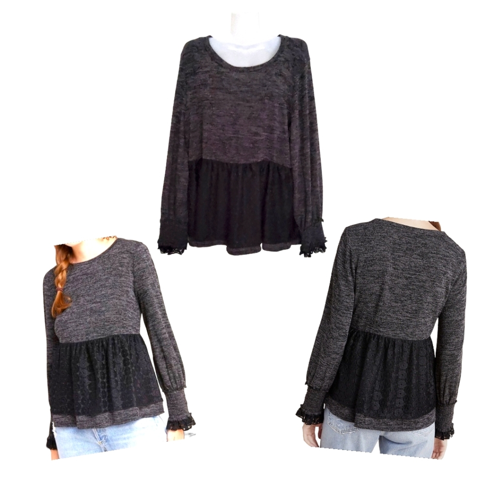 ANTHROPOLOGIE RO+DE Black/Gray Amirah Lace Long Smocked Cuff Sleeve Top XL - Picture 10 of 16